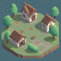 Generate an isometric game location in pixel art style featuring a small village