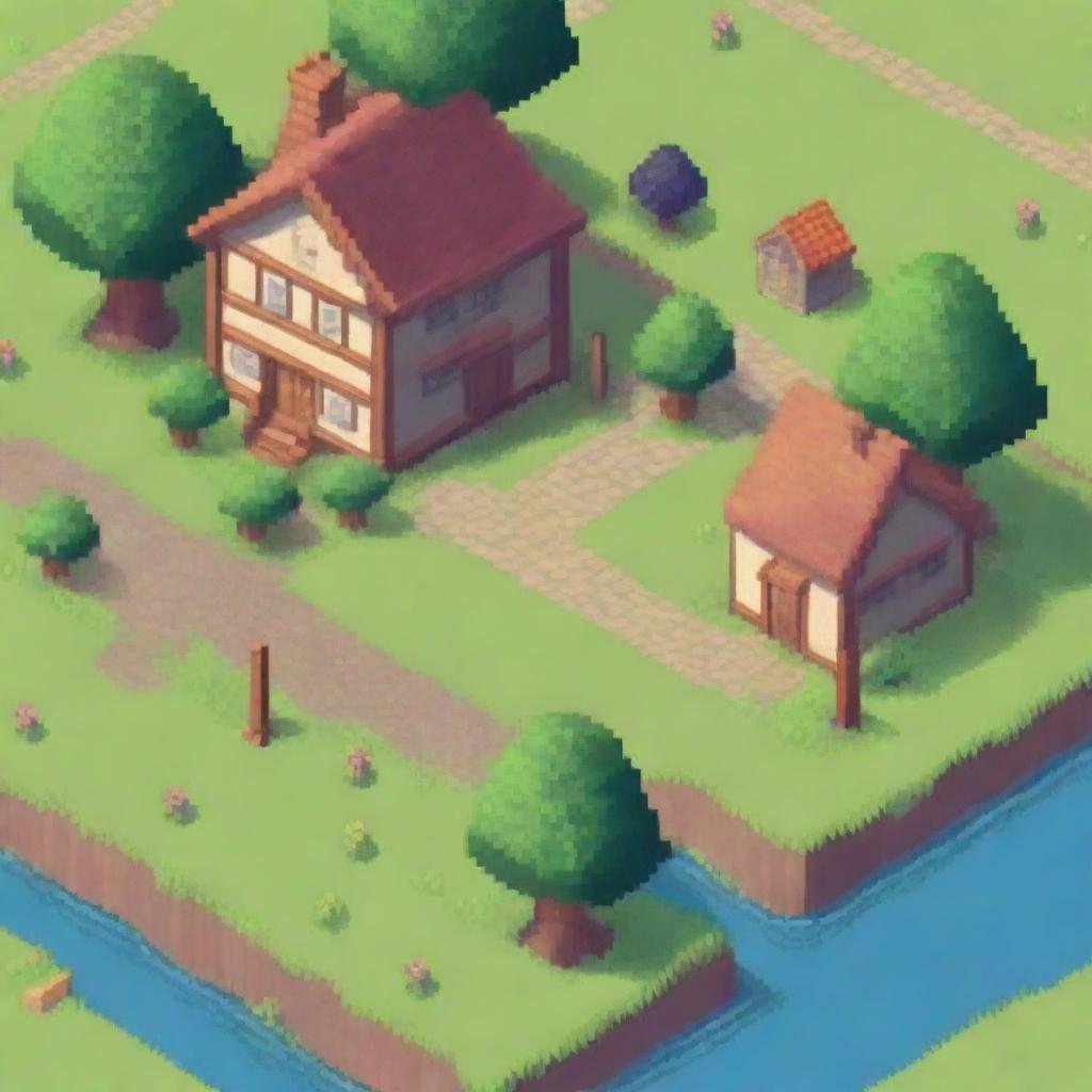 Generate a detailed isometric game location in pixel art style featuring a small village