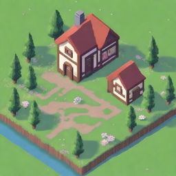 Generate a detailed isometric game location in pixel art style featuring a small village