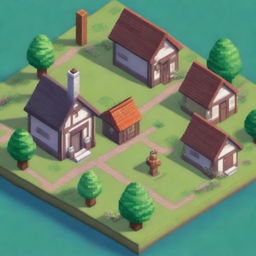 Generate a detailed isometric game location in pixel art style featuring a small village