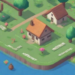 Generate a detailed isometric game location in pixel art style featuring a small village