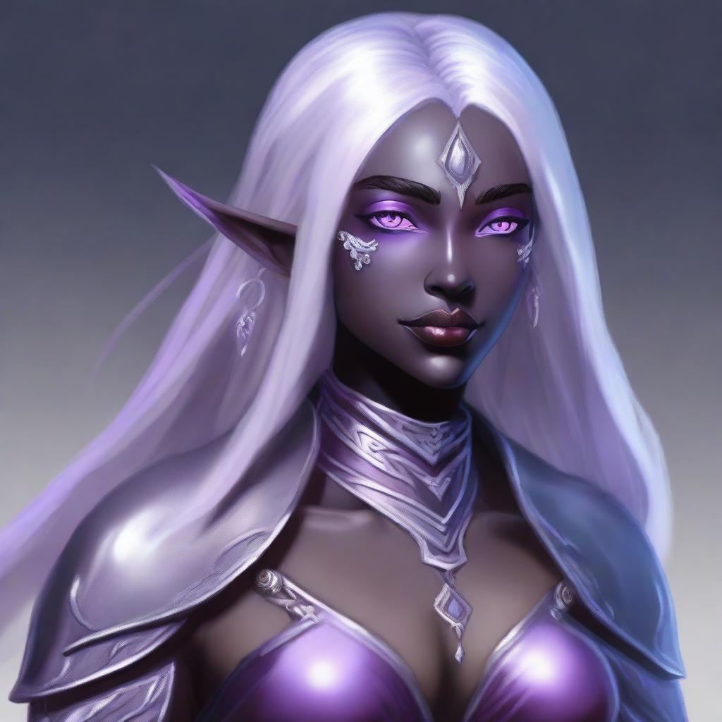 Create a portrait of a drow elf with ash grayish purple skin, wearing reinforced leather armor