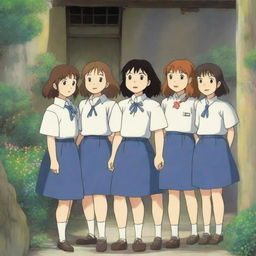 A group of five Japanese teenage girls wearing school uniforms, depicted in the enchanting and whimsical style of Studio Ghibli