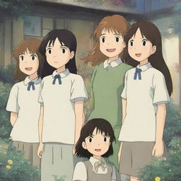 A group of five Japanese teenage girls wearing school uniforms, depicted in the enchanting and whimsical style of Studio Ghibli