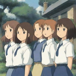 A group of five Japanese teenage girls wearing school uniforms, depicted in the enchanting and whimsical style of Studio Ghibli