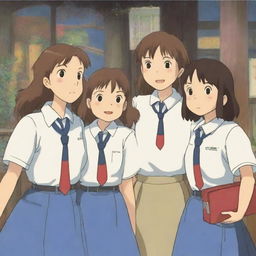 A group of five Japanese teenage girls wearing school uniforms, depicted in the enchanting and whimsical style of Studio Ghibli