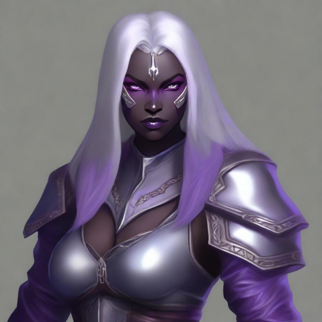 Create a portrait of a drow berserk warrior with elegant, ash grayish purple skin, and flowing hair