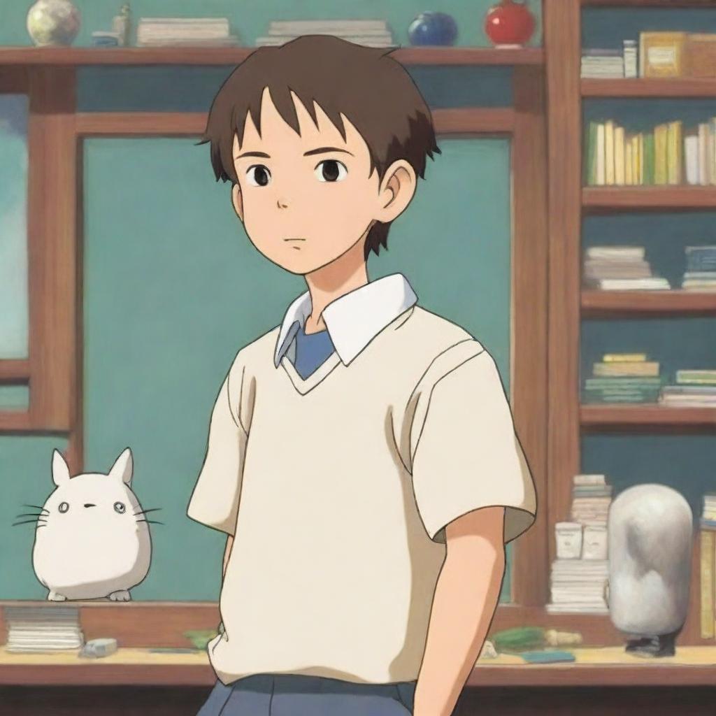A Japanese teenage boy wearing a school uniform, depicted in the enchanting and whimsical style of Studio Ghibli