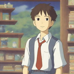 A Japanese teenage boy wearing a school uniform, depicted in the enchanting and whimsical style of Studio Ghibli