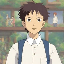 A Japanese teenage boy wearing a school uniform, depicted in the enchanting and whimsical style of Studio Ghibli