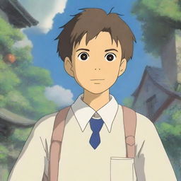 A Japanese teenage boy wearing a school uniform, depicted in the enchanting and whimsical style of Studio Ghibli