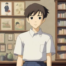 A cute Japanese teenage boy wearing a school uniform, depicted in the enchanting and whimsical style of Studio Ghibli