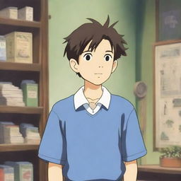 A cute Japanese teenage boy wearing a school uniform, depicted in the enchanting and whimsical style of Studio Ghibli