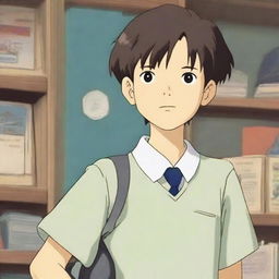 A cute Japanese teenage boy wearing a school uniform, depicted in the enchanting and whimsical style of Studio Ghibli