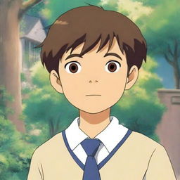 A cute Japanese teenage boy wearing a school uniform, depicted in the enchanting and whimsical style of Studio Ghibli
