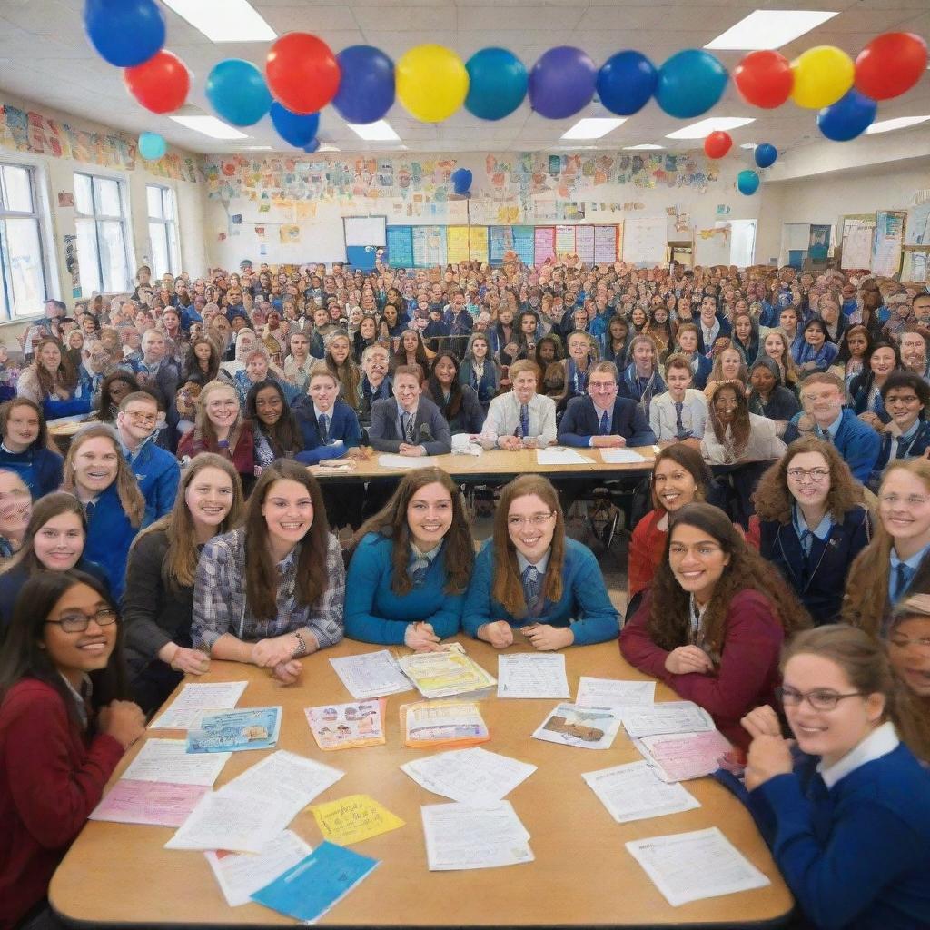 A vibrant and dynamic image of a school government scene, featuring enthusiastic students involved in decision-making, surrounded by school-themed decor and educational resources.