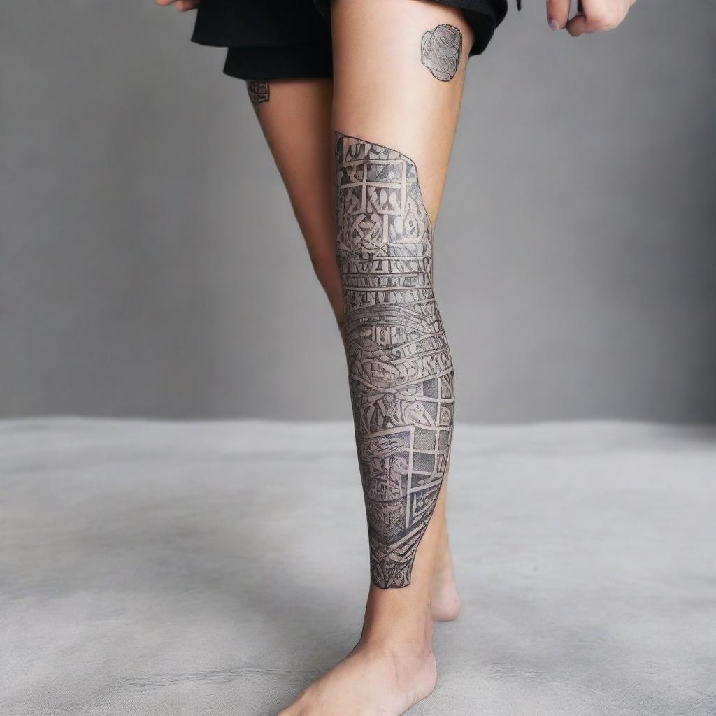 A detailed and intricate leg sleeve tattoo design featuring a mix of geometric patterns, floral elements, and abstract shapes