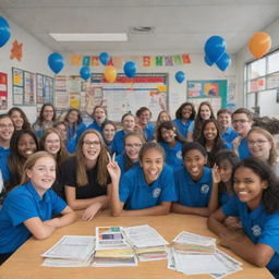 A vibrant and dynamic image of a school government scene, featuring enthusiastic students involved in decision-making, surrounded by school-themed decor and educational resources.