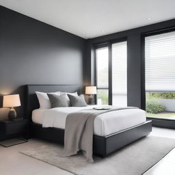 A modern bedroom with sleek, minimalist design