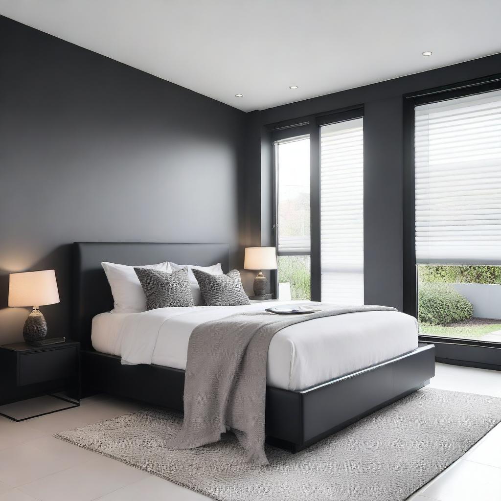 A modern bedroom with sleek, minimalist design