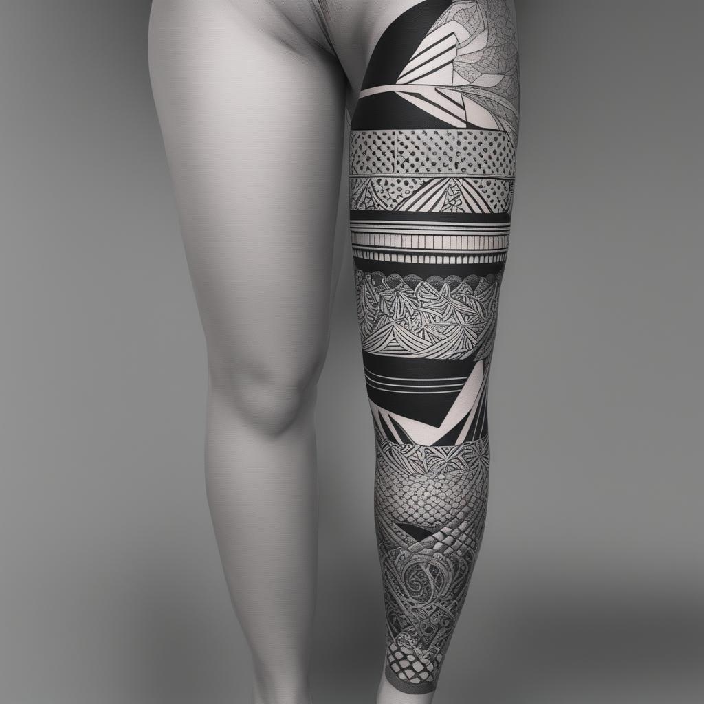 A detailed leg sleeve tattoo design with blackwork, bold black lines, geometric patterns, abstract shapes, and floral elements, creating a cohesive and visually stunning piece