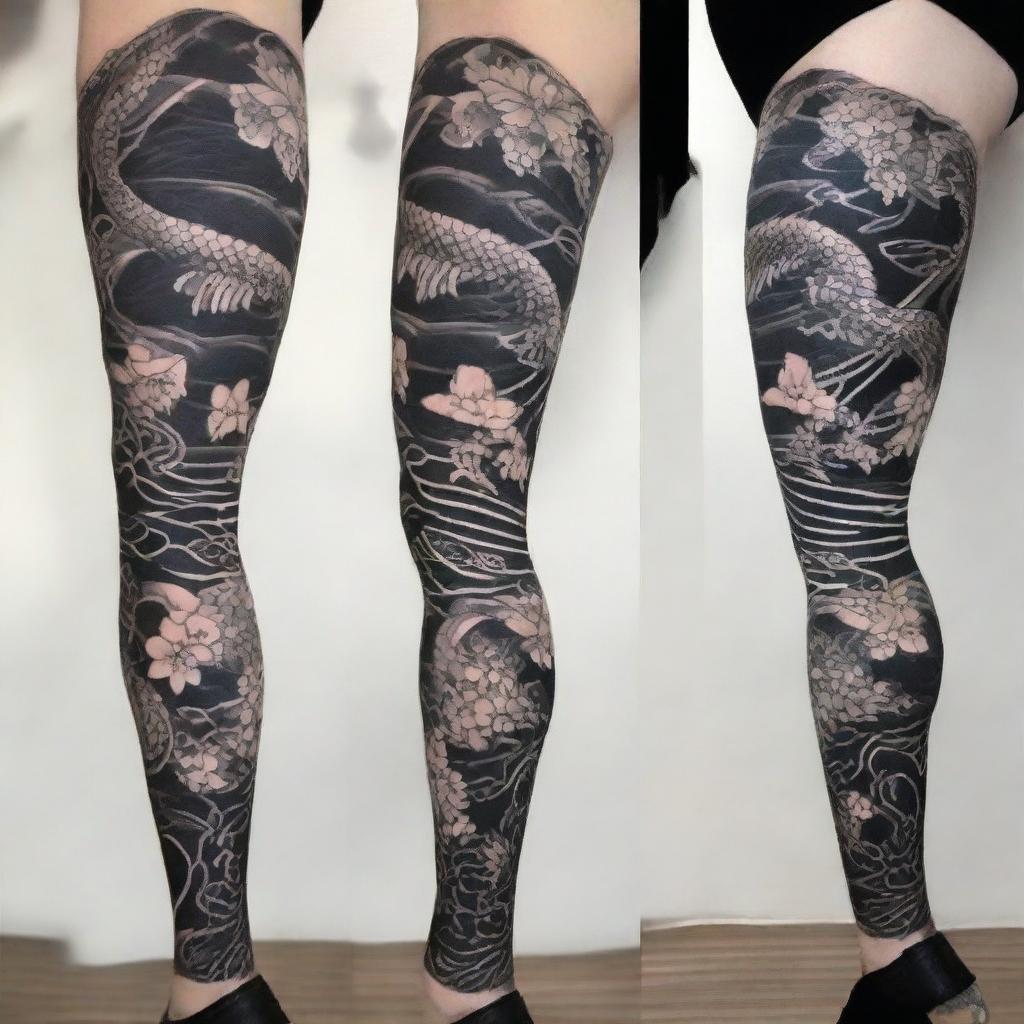 A highly detailed and intricate Japanese-styled blackwork leg sleeve tattoo design