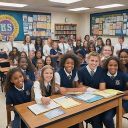 A vibrant and dynamic image of a school government scene, featuring enthusiastic students involved in decision-making, surrounded by school-themed decor and educational resources.