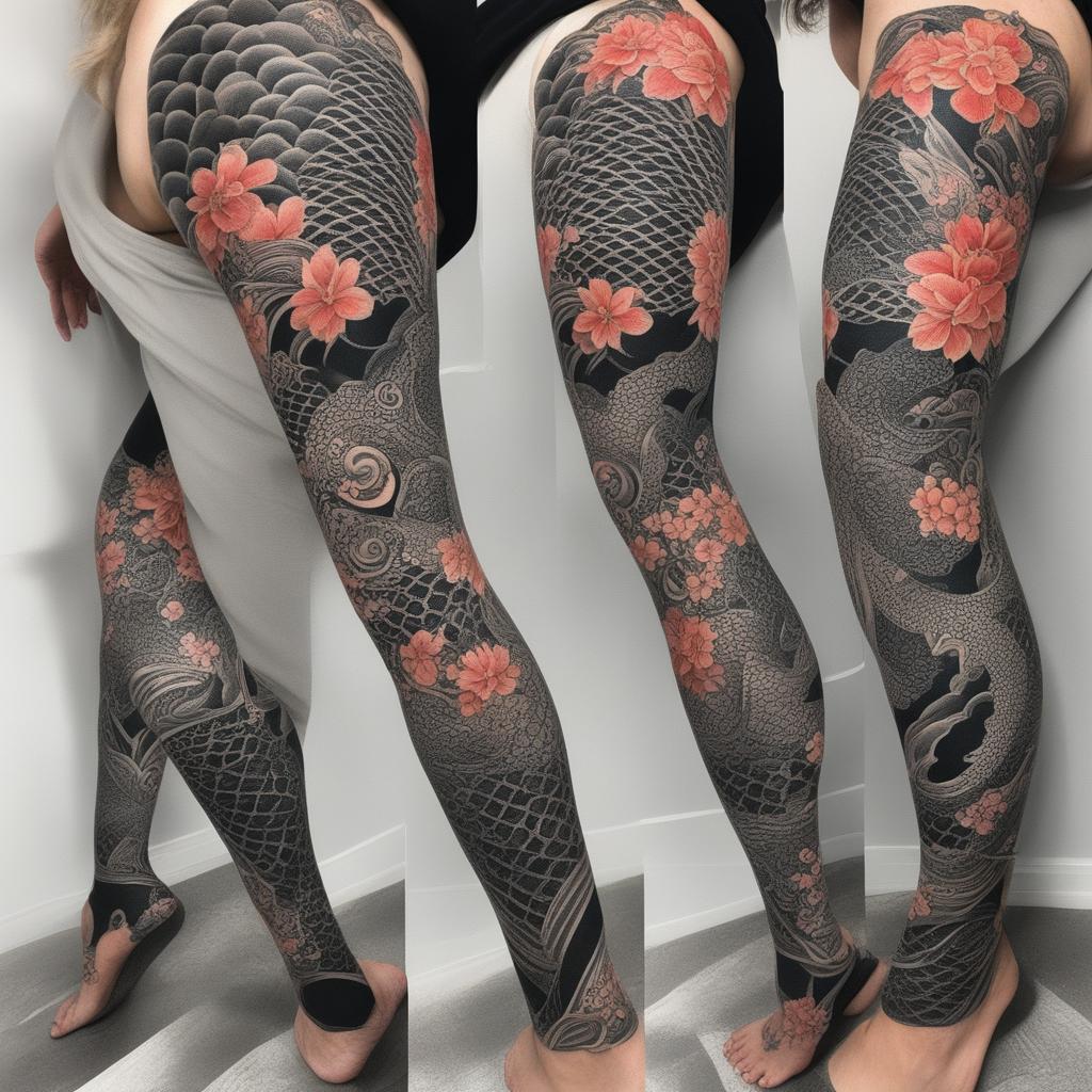 A detailed Japanese-styled blackwork leg sleeve tattoo with koi fish, cherry blossoms, dragons, and waves, rendered in bold black lines and geometric patterns