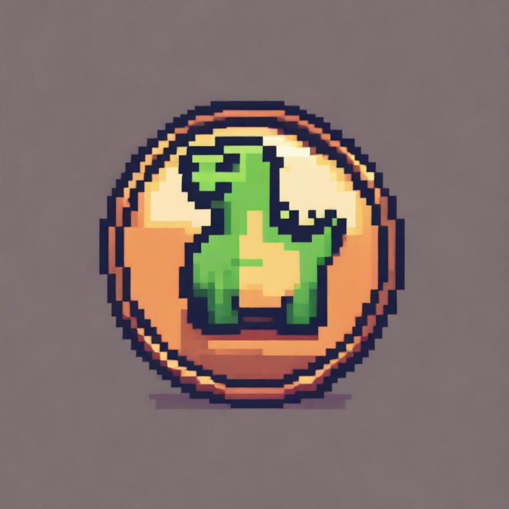 A pixel art illustration of a coin featuring a dinosaur