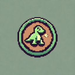 A pixel art illustration of a coin featuring a dinosaur