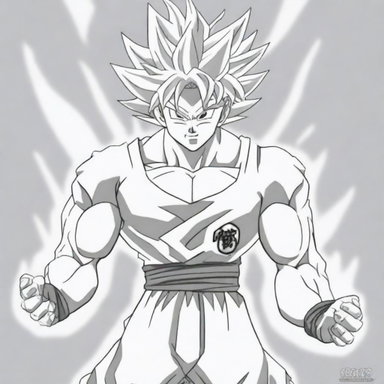 A coloring book page featuring Goku in his Ultra Instinct Sign form