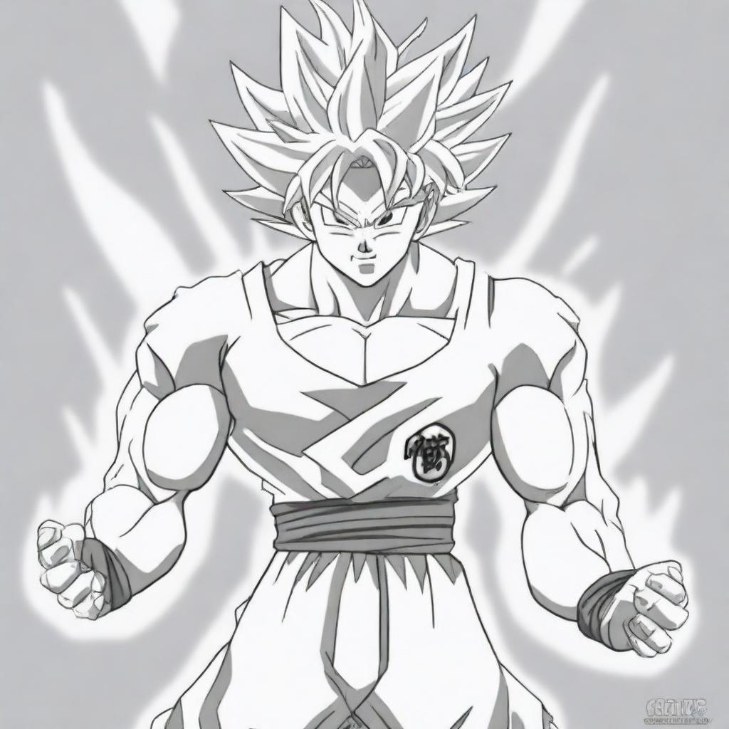 A coloring book page featuring Goku in his Ultra Instinct Sign form
