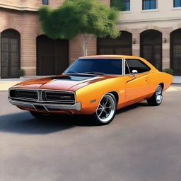 Generate an image of a classic muscle car, like a 1970s Dodge Charger, but with modern accessories and side skirts