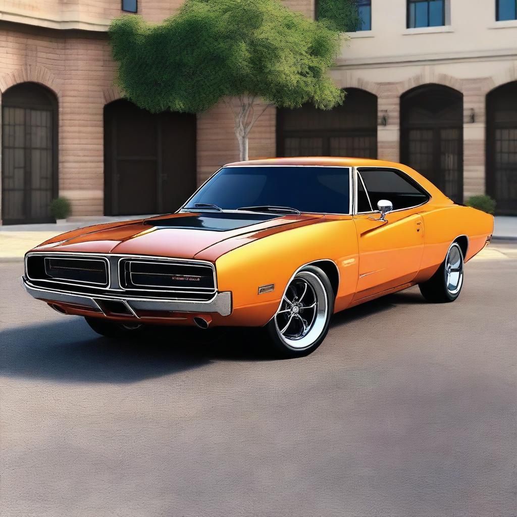 Generate an image of a classic muscle car, like a 1970s Dodge Charger, but with modern accessories and side skirts