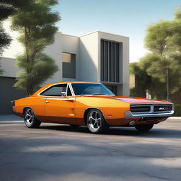 Generate an image of a classic muscle car, like a 1970s Dodge Charger, but with modern accessories and side skirts