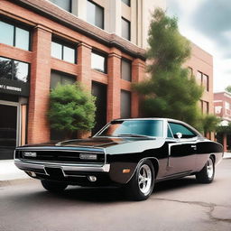 Generate an image of a classic muscle car, like a 1970s Dodge Charger, but with modern accessories and side skirts