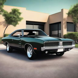 Generate an image of a classic muscle car, like a 1970s Dodge Charger, but with modern accessories and side skirts