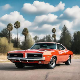 Generate an image of a classic muscle car, like a 1970s Dodge Charger, but with modern accessories and side skirts like from a Dodge Challenger Hellcat 2020