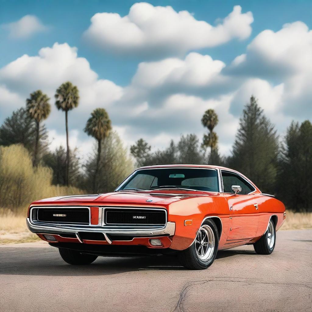 Generate an image of a classic muscle car, like a 1970s Dodge Charger, but with modern accessories and side skirts like from a Dodge Challenger Hellcat 2020