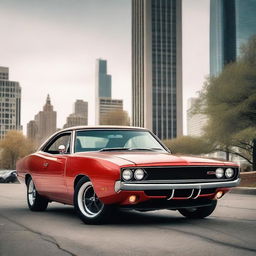Generate an image of a classic muscle car, like a 1970s Dodge Charger, but with modern accessories and side skirts like from a Dodge Challenger Hellcat 2020