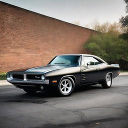 Generate an image of a classic muscle car, like a 1970s Dodge Charger, but with modern accessories and side skirts like from a Dodge Challenger Hellcat 2020