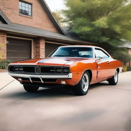 Generate an image of a classic muscle car, like a 1970s Dodge Charger, but with modern accessories and side skirts like from a Dodge Challenger Hellcat 2020