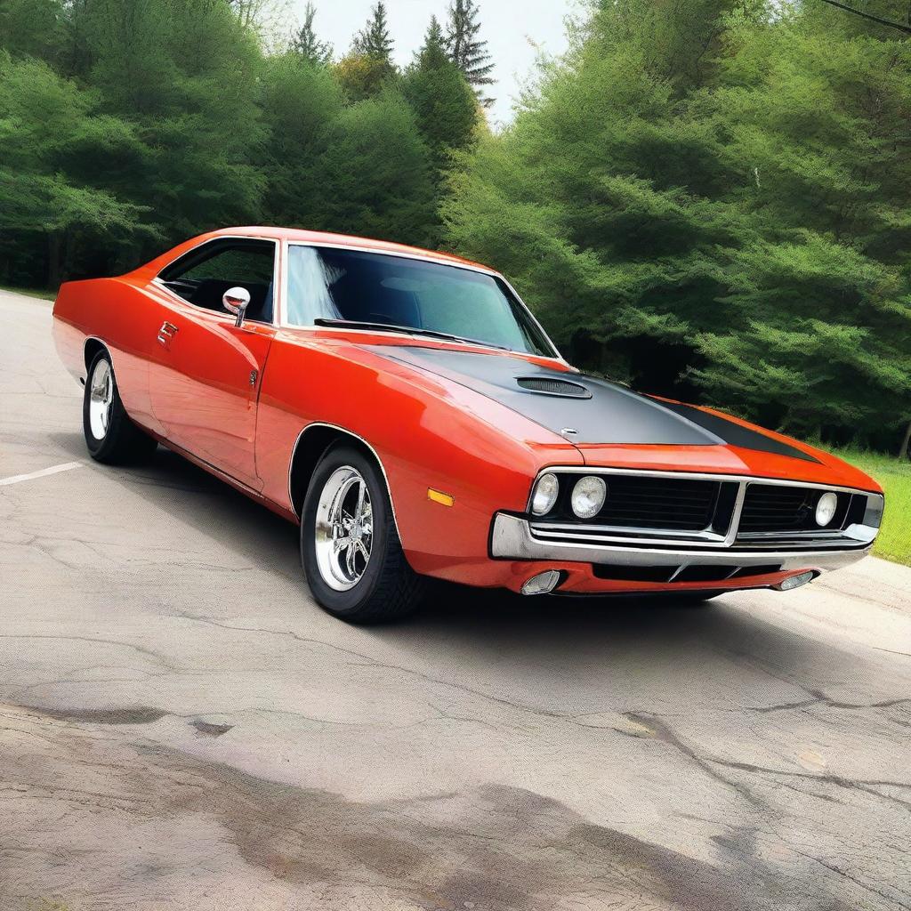 Generate an image of a classic muscle car, like a 1970s Dodge Charger, but with modern accessories, side skirts, and body kit like from a Dodge Challenger Hellcat 2020s