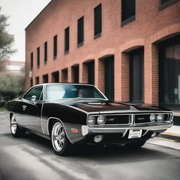 Generate an image of a classic muscle car, like a 1970s Dodge Charger, but with modern accessories, side skirts, and body kit like from a Dodge Challenger Hellcat 2020s