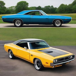 Generate an image of a classic muscle car, like a 1970s Dodge Charger, but with modern accessories, side skirts, and body kit like from a Dodge Challenger Hellcat 2020s