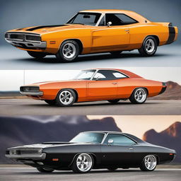 Generate an image of a classic muscle car, like a 1970s Dodge Charger, but with modern accessories, side skirts, and body kit like from a Dodge Challenger Hellcat 2020s