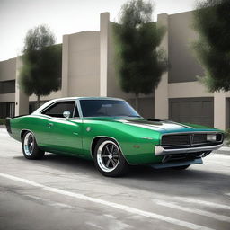 Generate an image of a classic muscle car with modern accessories and side skirts and body kit, like a 1970s Dodge Charger