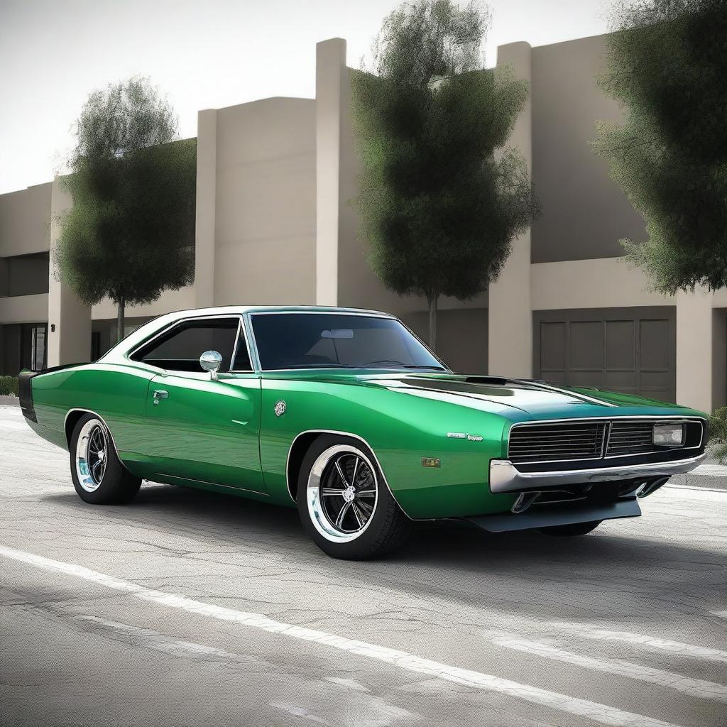 Generate an image of a classic muscle car with modern accessories and side skirts and body kit, like a 1970s Dodge Charger