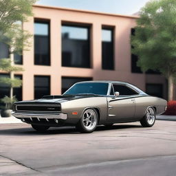 Generate an image of a classic muscle car with modern accessories and side skirts and body kit, like a 1970s Dodge Charger
