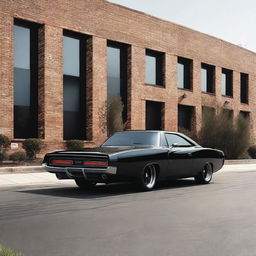Generate an image of a classic muscle car with modern accessories and side skirts and body kit, like a 1970s Dodge Charger